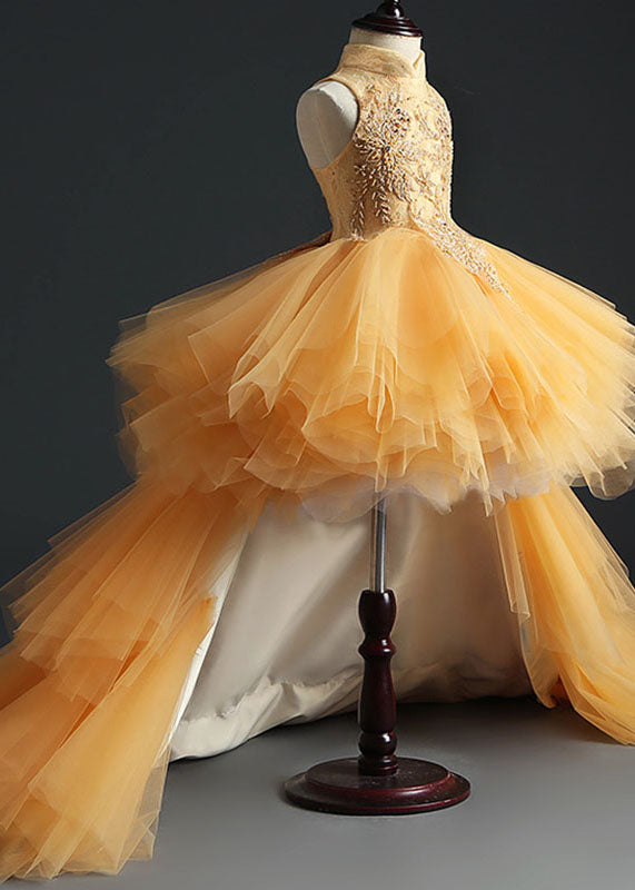 Fashion Yellow Stand Collar Embroideried Tulle Kids Long Dresses Sleeveless YS007 ABC