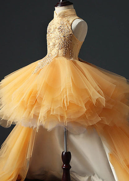 Fashion Yellow Stand Collar Embroideried Tulle Kids Long Dresses Sleeveless YS007 ABC