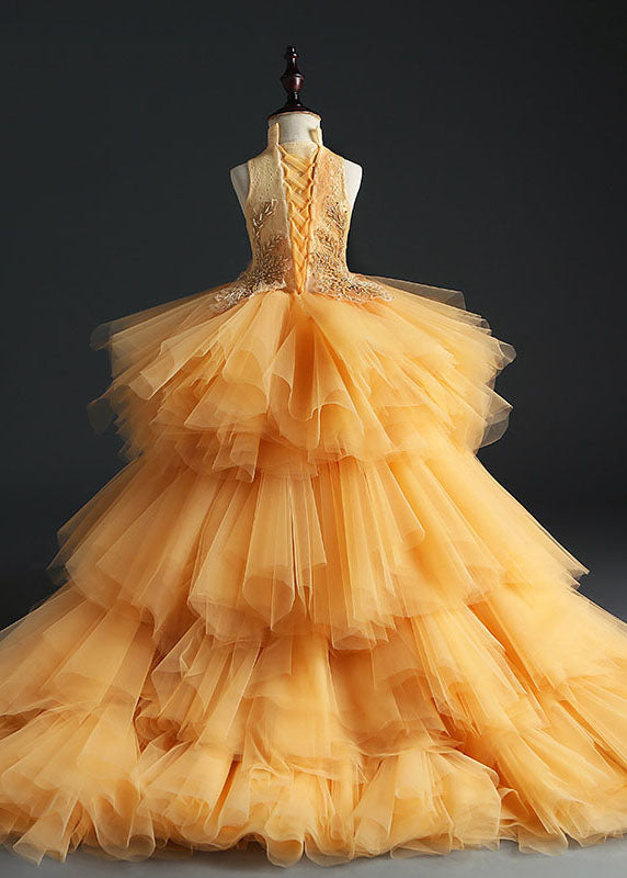 Fashion Yellow Stand Collar Embroideried Tulle Kids Long Dresses Sleeveless YS007 ABC