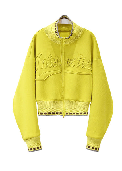 Fashion Yellow Stand Collar Graphic Patch Patchwork Coat Spring TY023