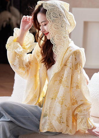 Yellow Sleeve Fashion Lace Hoodie Batwing Up Coat Zip FashionChic