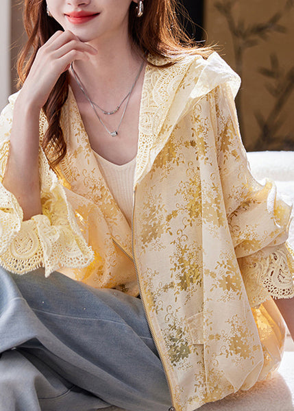 Yellow Sleeve Fashion Lace Hoodie Batwing Up Coat Zip FashionChic