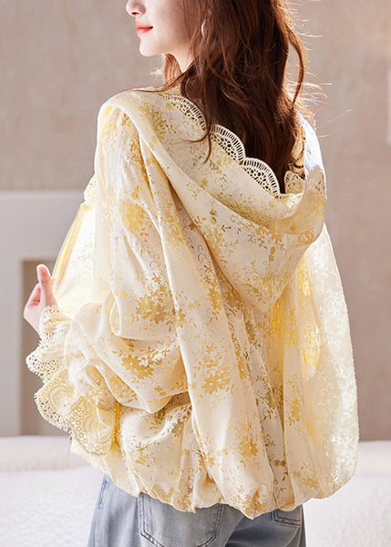 Yellow Sleeve Fashion Lace Hoodie Batwing Up Coat Zip FashionChic