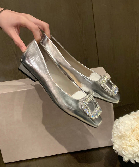 Zircon Fashion Silver Leather Sequined Flats Cowhide FashionChic
