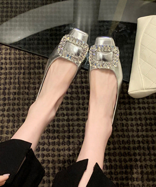 Zircon Fashion Silver Leather Sequined Flats Cowhide FashionChic
