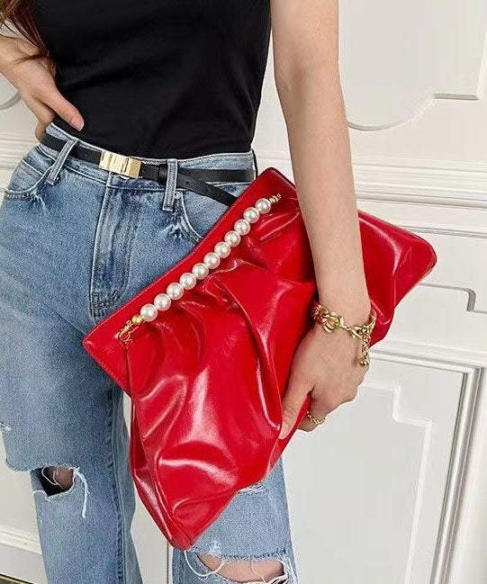 Fashionable Versatile Red Pleated Pearl Handbag GG069 Bag-BGS240606