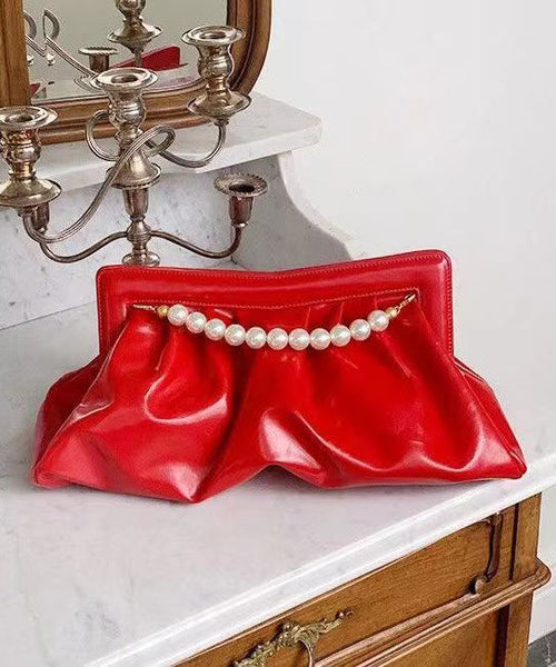 Fashionable Versatile Red Pleated Pearl Handbag GG069 Bag-BGS240606