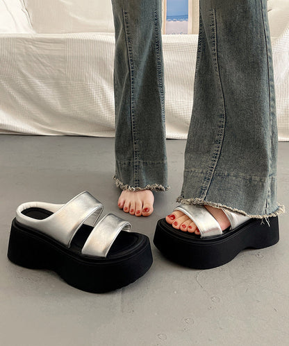 Faux Leather Splicing Silver Fashion Platform Slide Sandals Peep Toe AP1028 shoe-LT240905