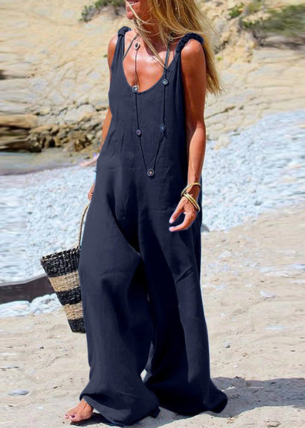 leg Side Jumpsuit Wide Button Navy Female Blue Sleeveless FashionChic