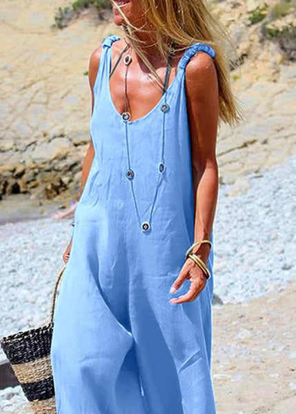 leg Side Jumpsuit Wide Button Navy Female Blue Sleeveless FashionChic