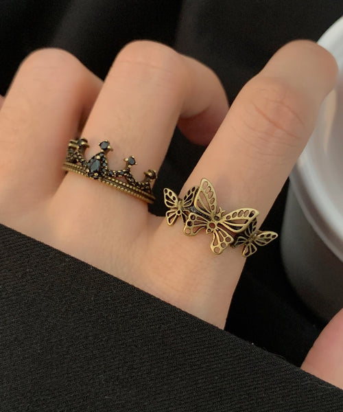 Out Ancient Rings Butterfly Hollow Gold Two Crown Metal Fine FashionChic
