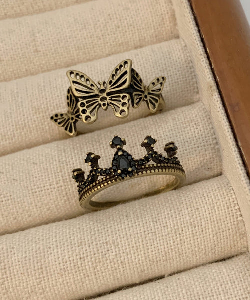 Out Ancient Rings Butterfly Hollow Gold Two Crown Metal Fine FashionChic