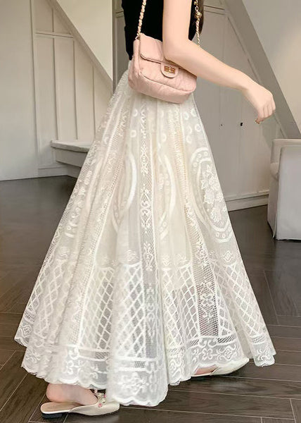 Fine Waist Summer Skirt Embroidered Lace Apricot Elastic FashionChic