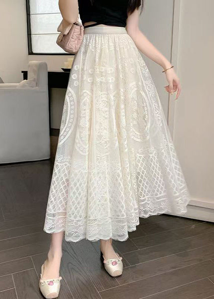 Fine Waist Summer Skirt Embroidered Lace Apricot Elastic FashionChic