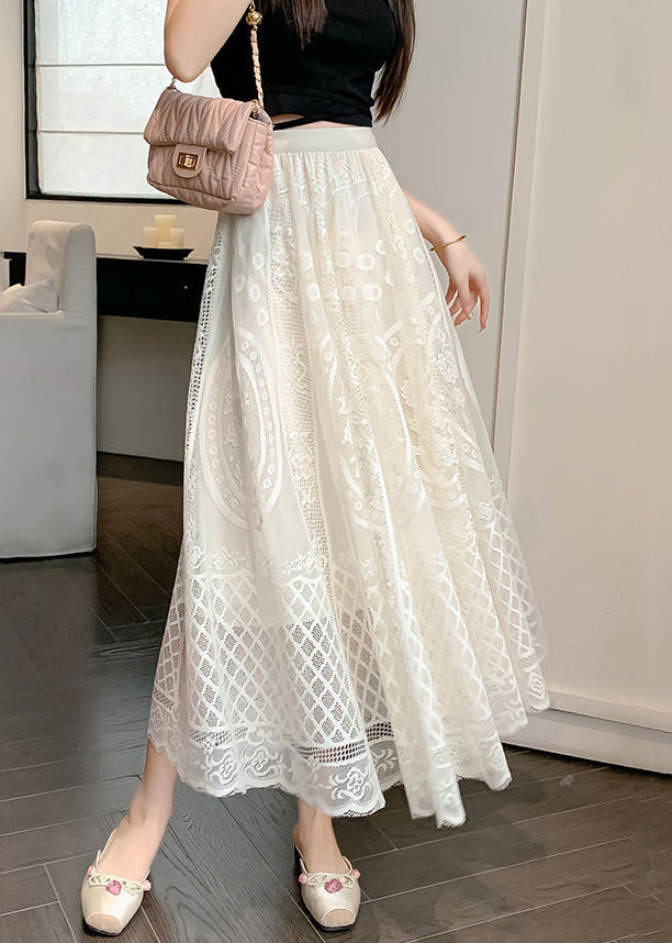 Fine Waist Summer Skirt Embroidered Lace Apricot Elastic FashionChic