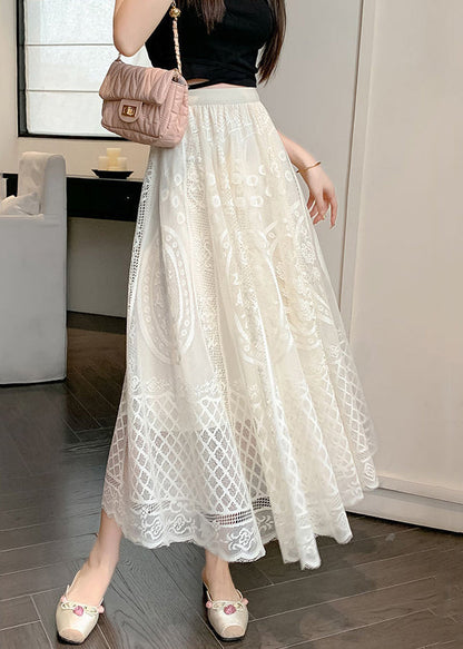 Fine Waist Summer Skirt Embroidered Lace Apricot Elastic FashionChic