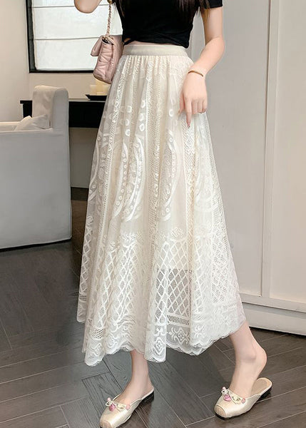 Fine Waist Summer Skirt Embroidered Lace Apricot Elastic FashionChic