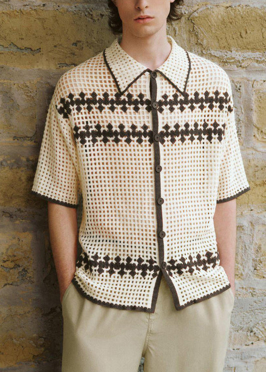 Men Apricot Shirt Knit Out Hollow Polo Fine Summer FashionChic