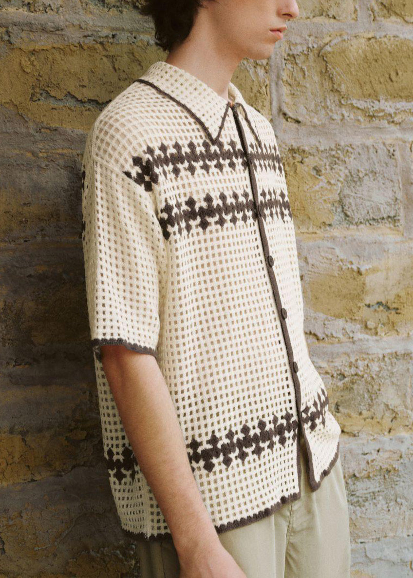 Men Apricot Shirt Knit Out Hollow Polo Fine Summer FashionChic