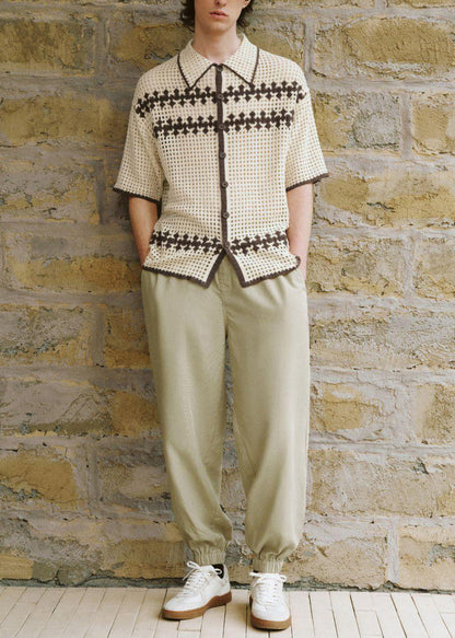 Men Apricot Shirt Knit Out Hollow Polo Fine Summer FashionChic