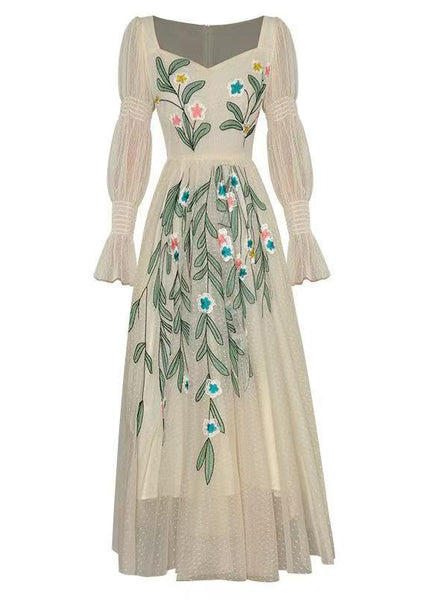 Fine Apricot Square Collar Embroidered Patchwork Tulle Dress Long Sleeve XX074 SH-LF-FDL240611