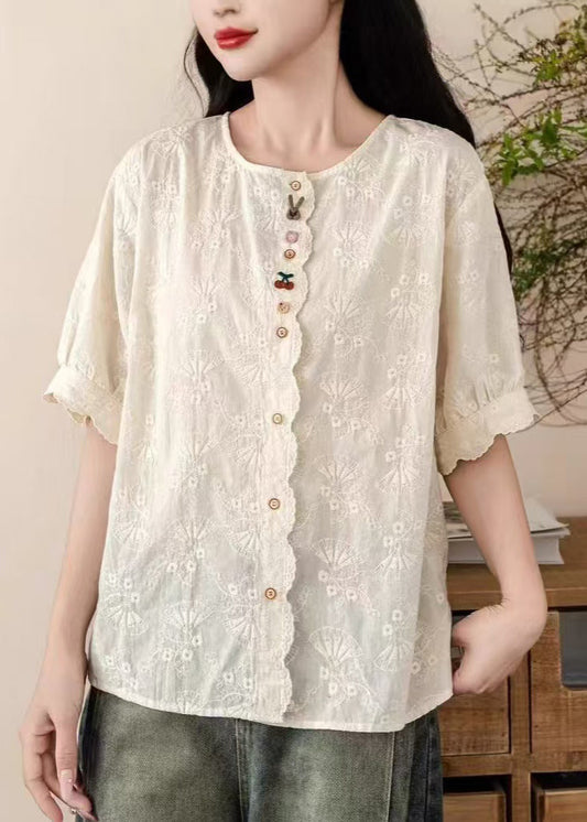 Beige Cotton Tops Fine Embroidered Shirt Summer FashionChic
