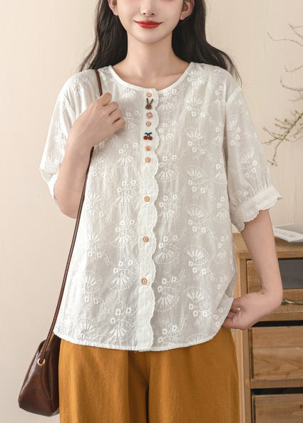 Beige Cotton Tops Fine Embroidered Shirt Summer FashionChic