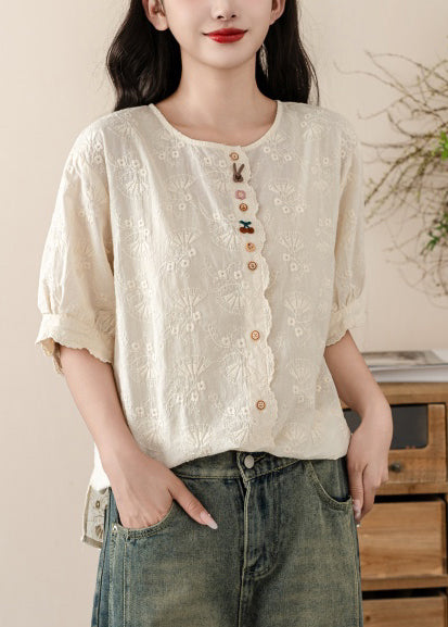Beige Cotton Tops Fine Embroidered Shirt Summer FashionChic