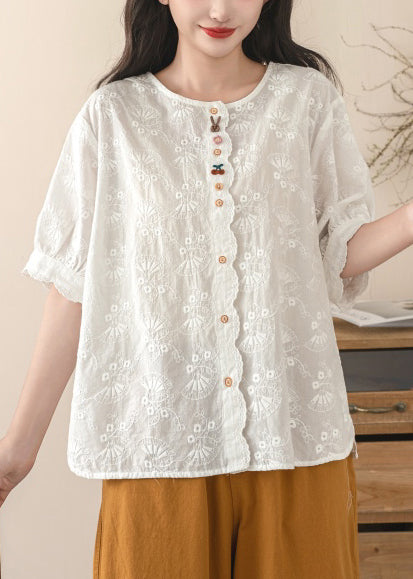 Beige Cotton Tops Fine Embroidered Shirt Summer FashionChic