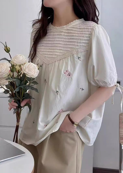 Beige Wrinkled Fine Shirt Summer Embroidered Cotton FashionChic