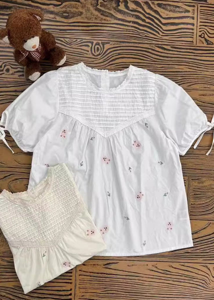 Beige Wrinkled Fine Shirt Summer Embroidered Cotton FashionChic