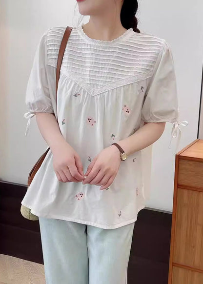 Beige Wrinkled Fine Shirt Summer Embroidered Cotton FashionChic