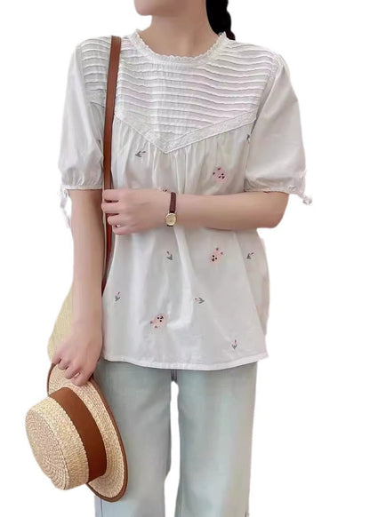 Beige Wrinkled Fine Shirt Summer Embroidered Cotton FashionChic
