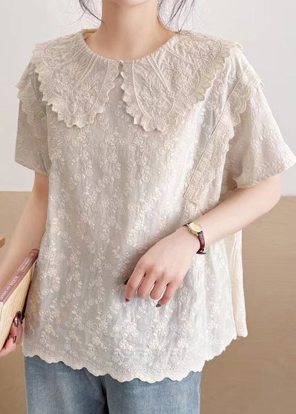 Top Summer Peter Collar Embroidered Cotton Beige Pan Fine FashionChic