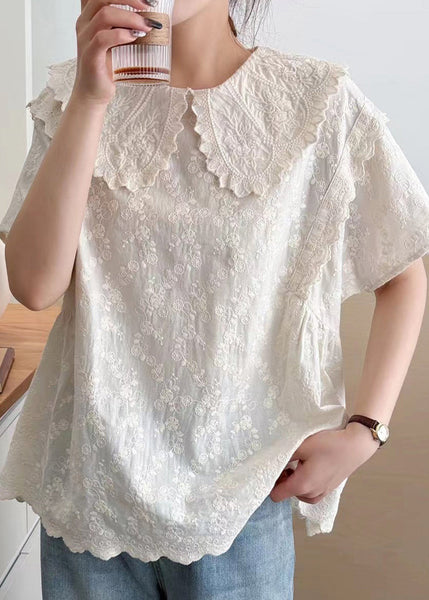 Top Summer Peter Collar Embroidered Cotton Beige Pan Fine FashionChic