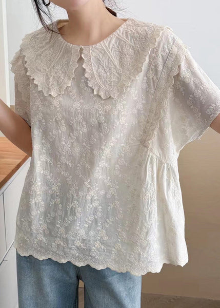 Top Summer Peter Collar Embroidered Cotton Beige Pan Fine FashionChic