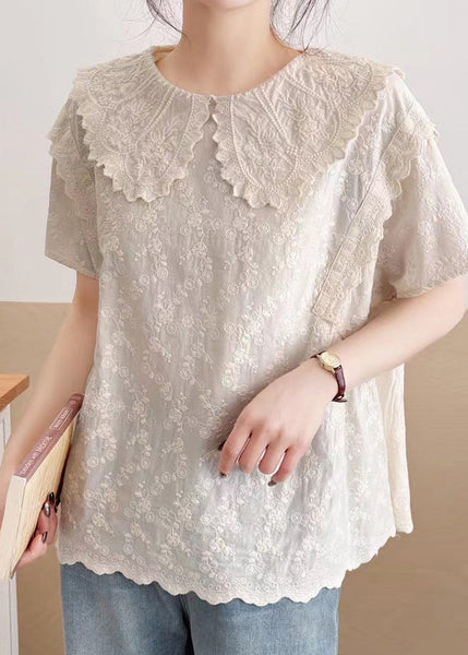 Top Summer Peter Collar Embroidered Cotton Beige Pan Fine FashionChic