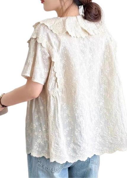 Top Summer Peter Collar Embroidered Cotton Beige Pan Fine FashionChic