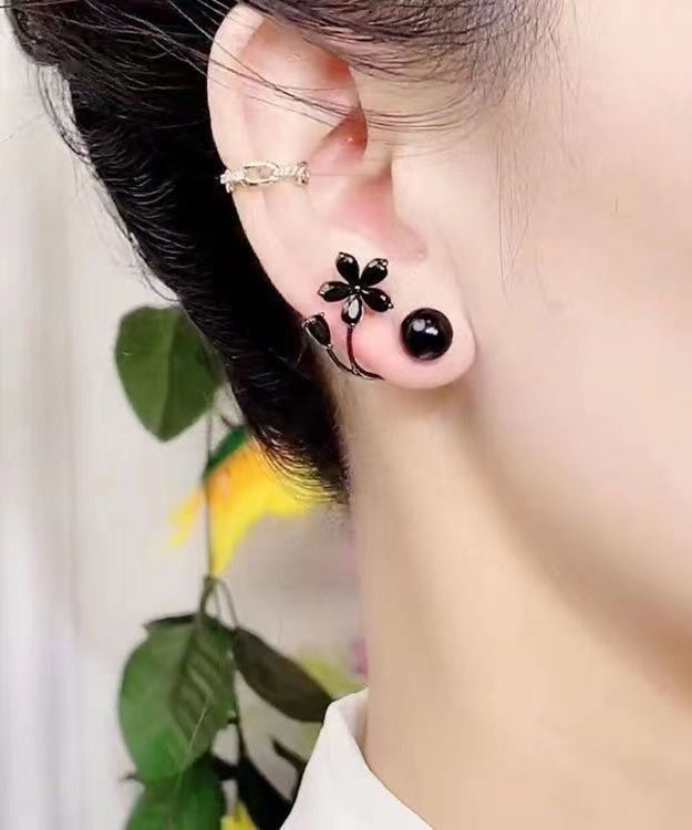 Fine Black Alloy Inlaid Gem Stone Floral Stud Earrings GH1086 Ada Fashion