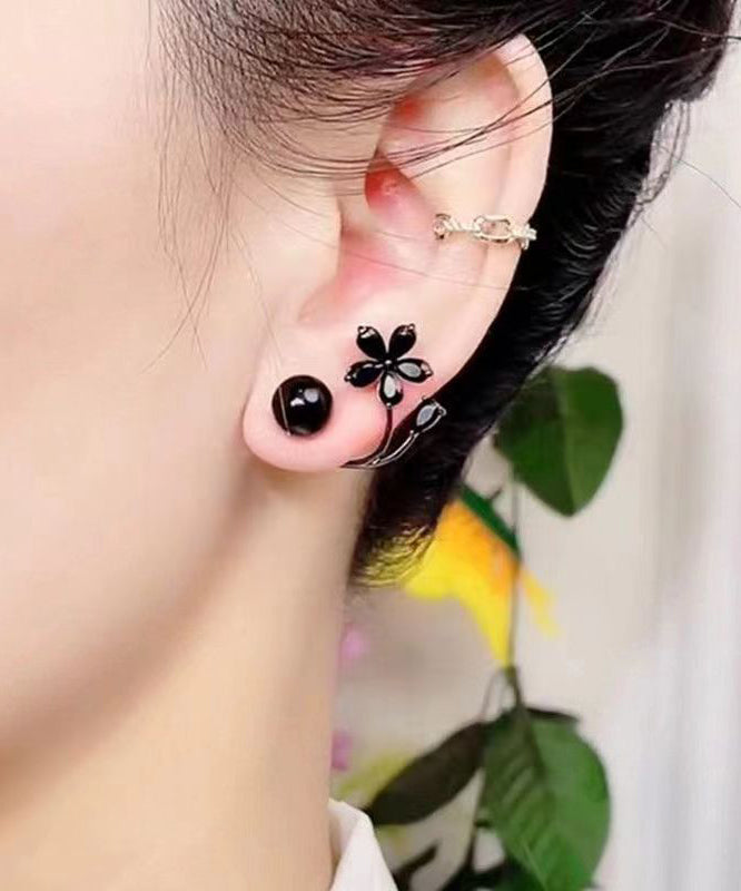 Fine Black Alloy Inlaid Gem Stone Floral Stud Earrings GH1086 Ada Fashion