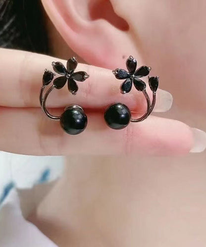 Fine Black Alloy Inlaid Gem Stone Floral Stud Earrings GH1086 Ada Fashion