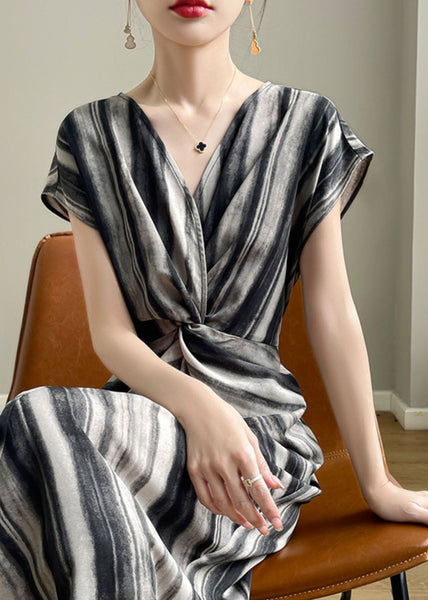 Fine Black Asymmetrical Striped Silk Dress Summer YY013 OL-SDL2408-16