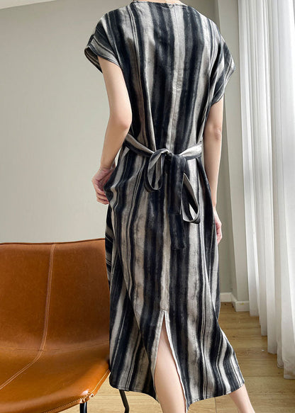 Fine Black Asymmetrical Striped Silk Dress Summer YY013 OL-SDL2408-16
