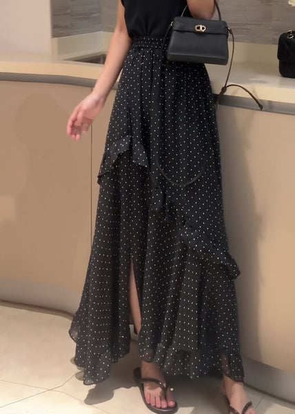 Side Black Fine Dot Chiffon Open Ruffled Summer Patchwork Skirt FashionChic
