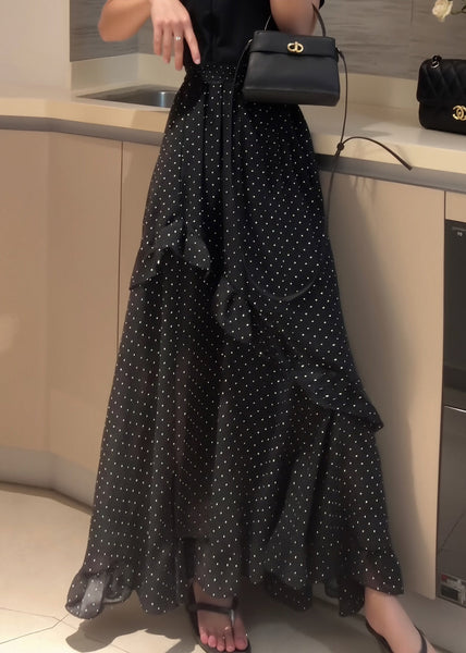 Side Black Fine Dot Chiffon Open Ruffled Summer Patchwork Skirt FashionChic