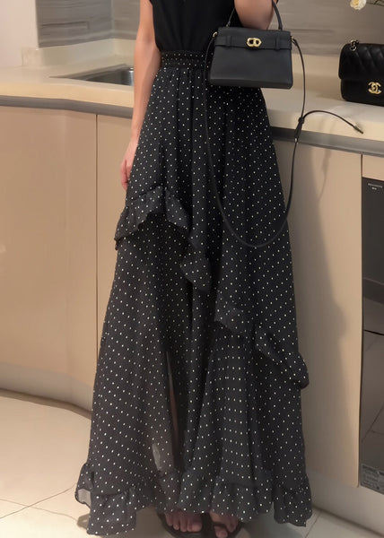 Side Black Fine Dot Chiffon Open Ruffled Summer Patchwork Skirt FashionChic
