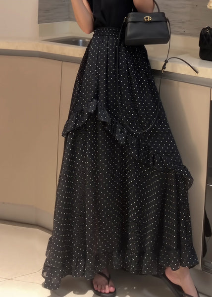 Side Black Fine Dot Chiffon Open Ruffled Summer Patchwork Skirt FashionChic