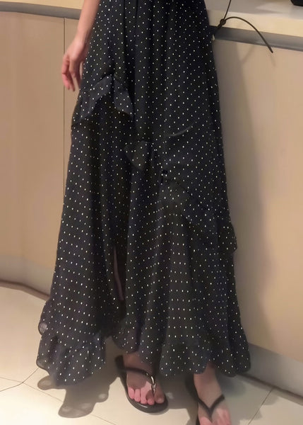 Side Black Fine Dot Chiffon Open Ruffled Summer Patchwork Skirt FashionChic
