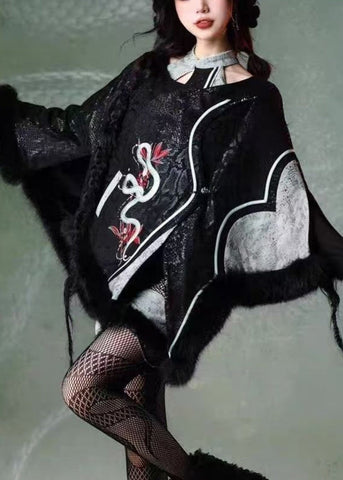 Fine Black Embroidered Patchwork Faux Suede Cape Coats Spring YT035 ABC