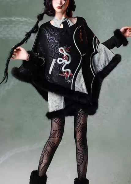 Fine Black Embroidered Patchwork Faux Suede Cape Coats Spring YT035 ABC